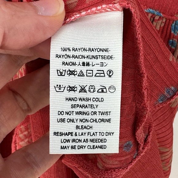 FREE PEOPLE Floral Ruffle Boho Peasant V-Neck Top Long Sleeve Rayon Brick Red XS - Picture 4 of 6